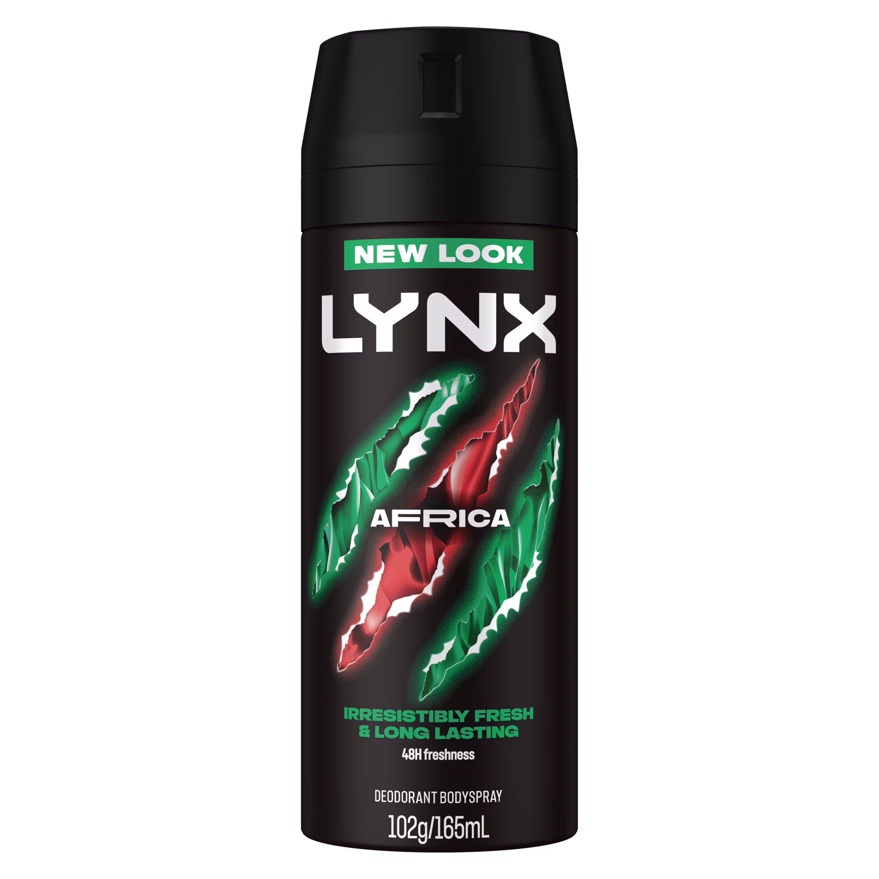 Lynx Africa deodorant body spray in a black can with green and red graphics